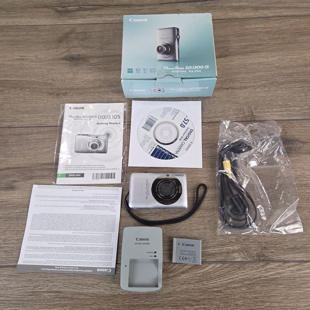 Canon PowerShot SD1300 IS Silver Compact Digital Camera 12.1MP - Bundle TESTED